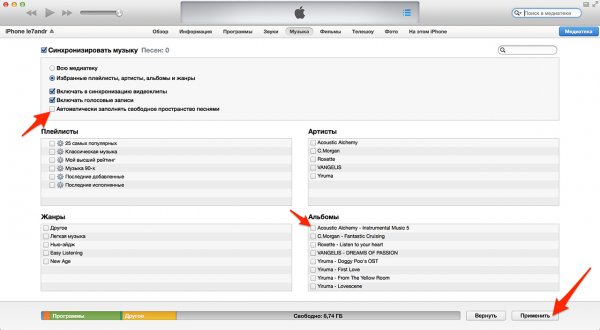 Настройка синхронизации отдельных аудиофайлов с iTunes
